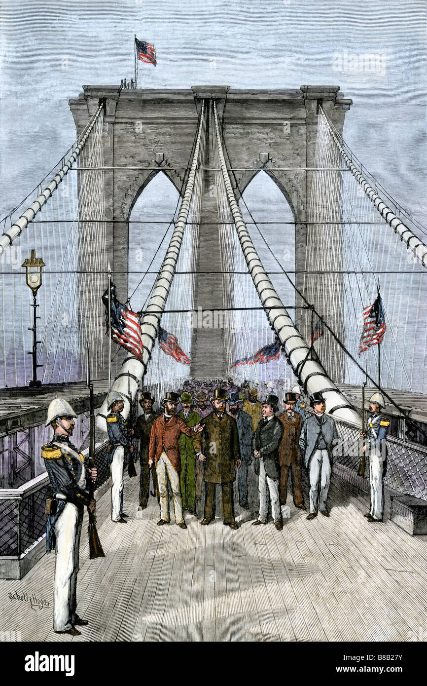 Präsident Chester eine Arthur, den Vorsitz über die Eröffnung der Brooklyn Bridge 1883. Hand - farbige Holzschnitt Stockfoto