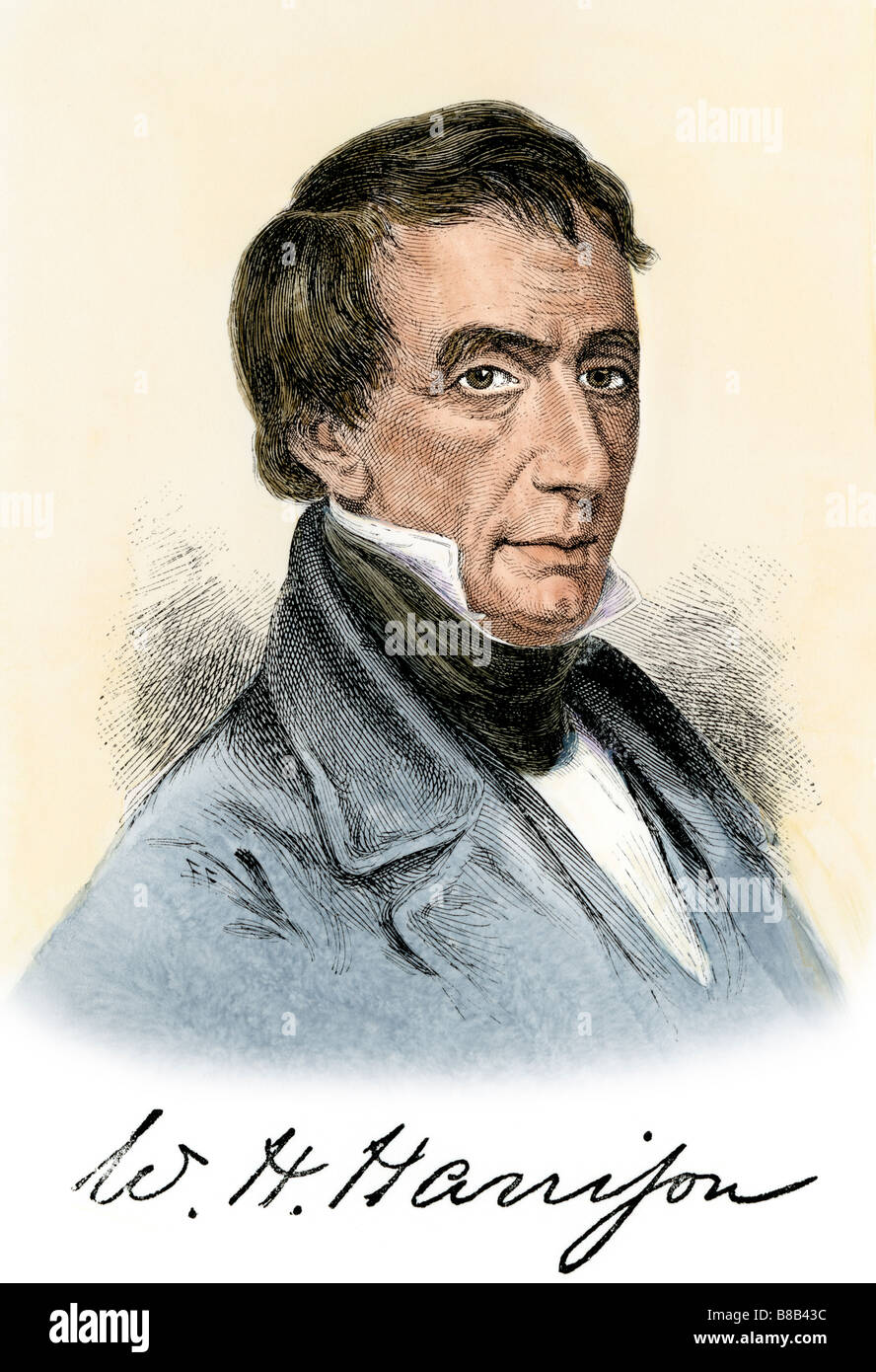 US-Präsident William Henry Harrison mit seiner Unterschrift. Hand - farbige Holzschnitt Stockfoto