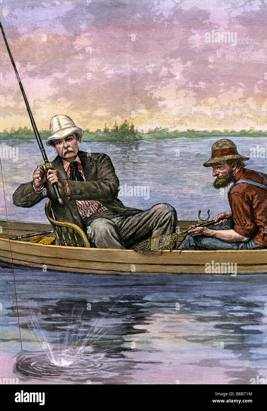Präsident Chester eine Arthur auf eine Angeltour 1884. Hand - farbige Holzschnitt Stockfoto