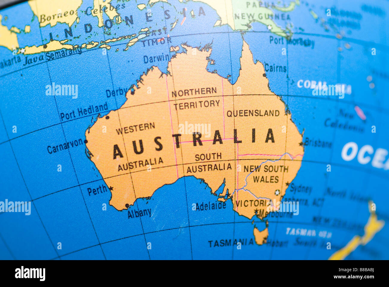 Nahaufnahme von Australien auf einer Weltkugel Stockfoto
