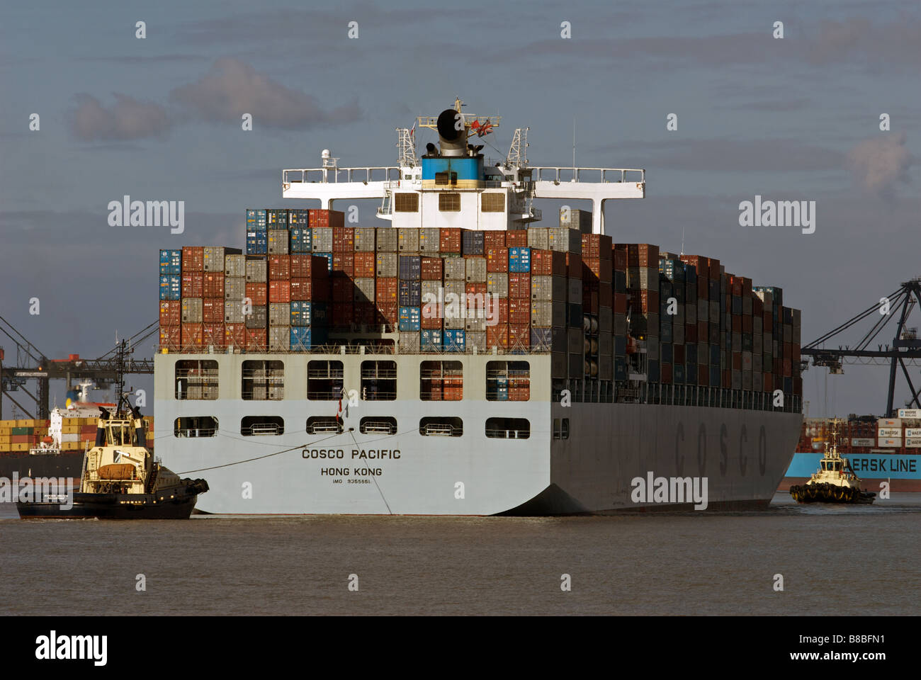 Containerschiff, Hafen von Felixstowe, Suffolk, UK. Stockfoto