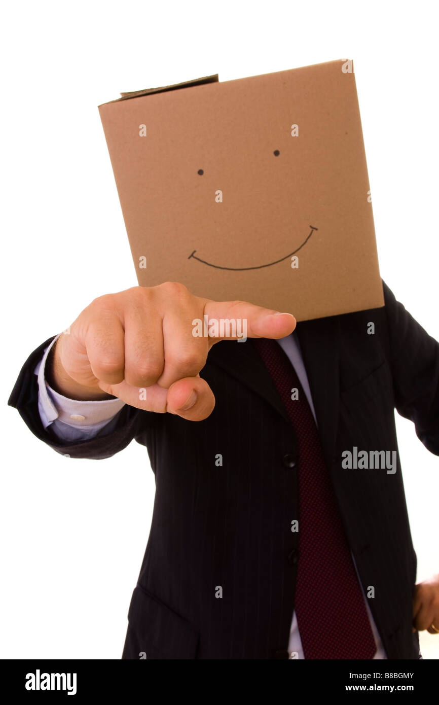Karton Geschäftsmann mit einem Lächelngesicht zeigt Ihnen Stockfoto