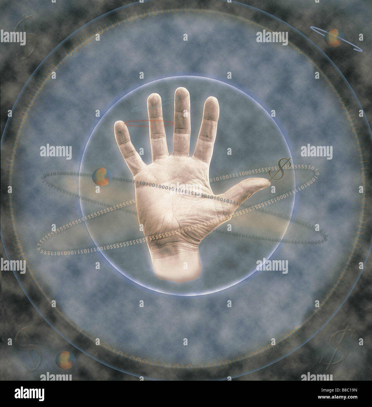 FL5230, heiße Digital Dog; Montage Ringe Hand Orbit Binärzahlen Planeten Stockfoto