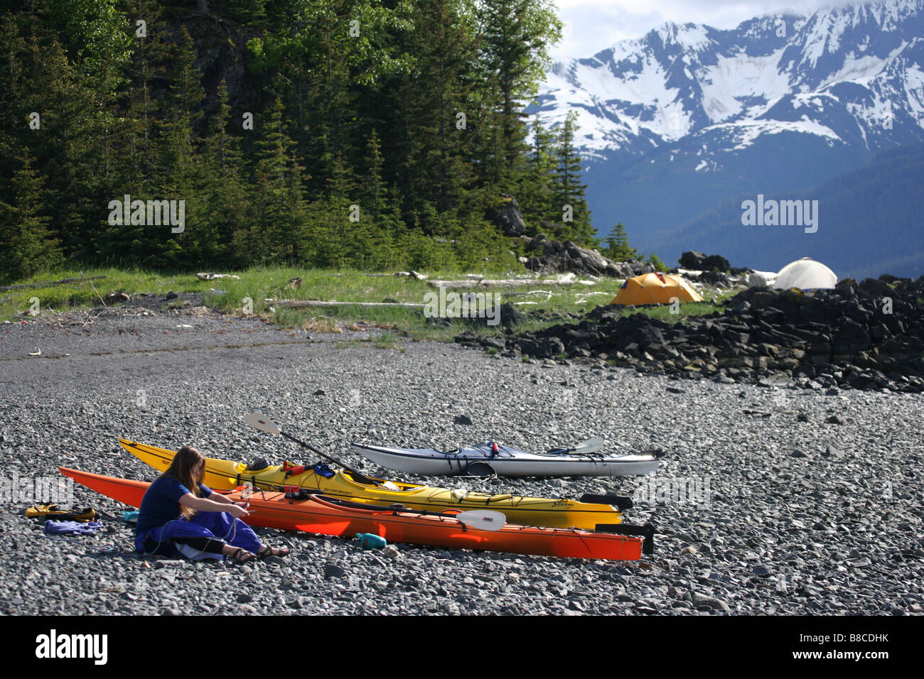 Einrichten von Camp, Verführung Point, Haines, Alaska Stockfoto