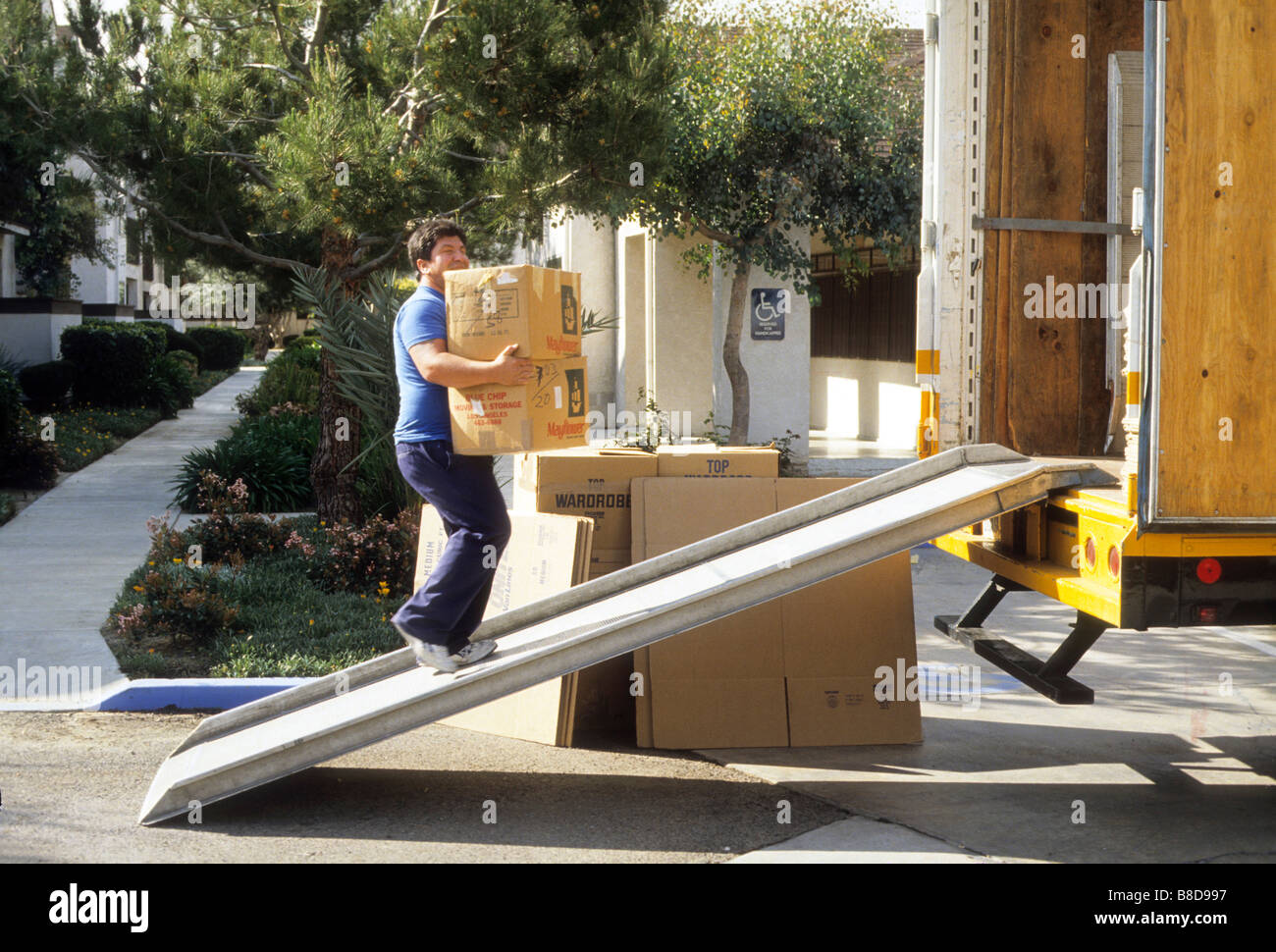 Mann trägt Box Rampe hinauf in LKW Stockfoto