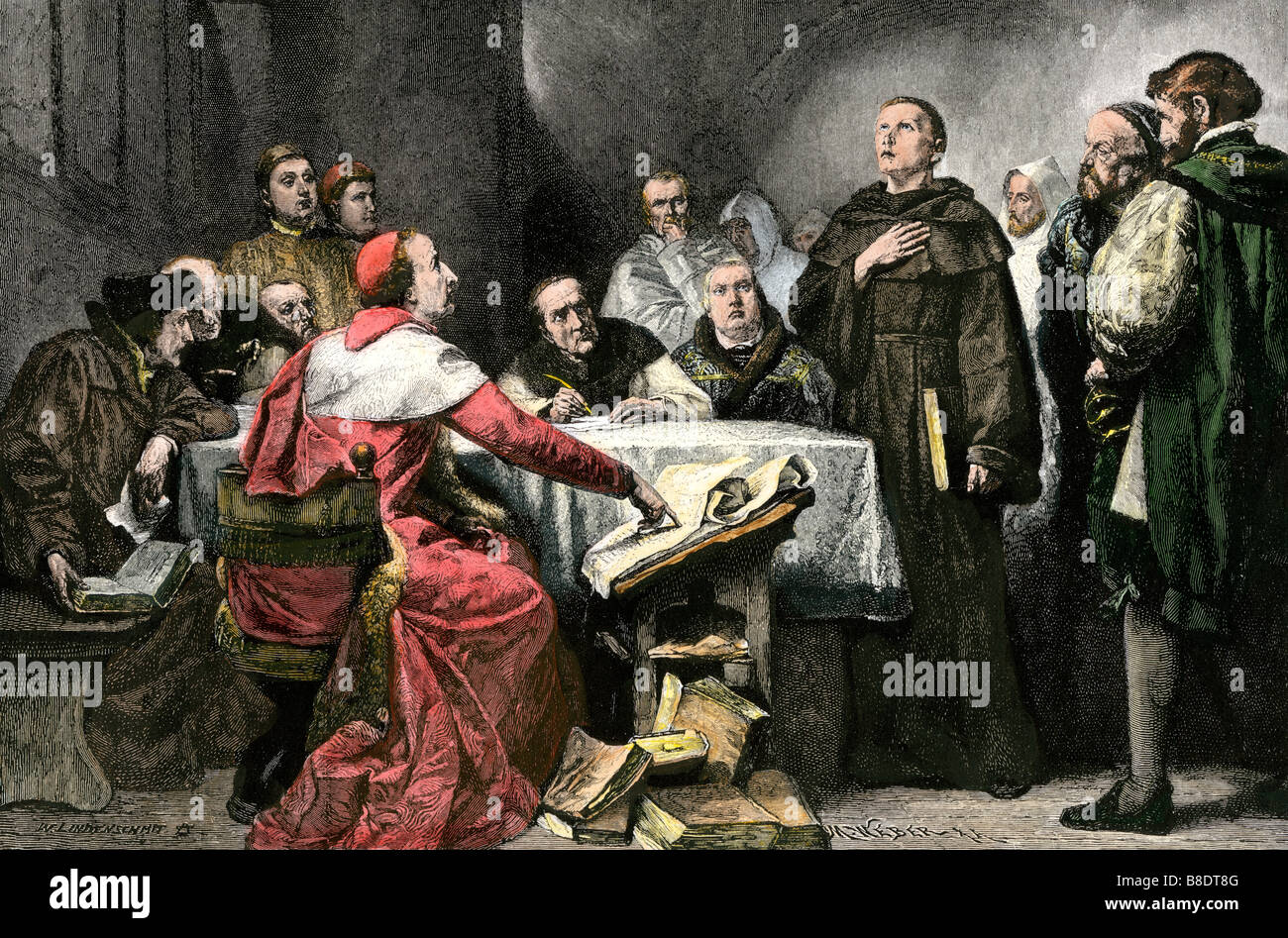 Martin Luther auf Prozess vor Kardinal Cajetanus auf dem Reichstag zu Worms 1521. Hand - farbige Holzschnitt Stockfoto