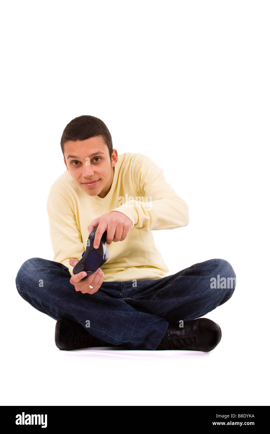 junger Mann Spaß das Spiel mit der Tiefenschärfe eine Freude-Pad Stockfoto