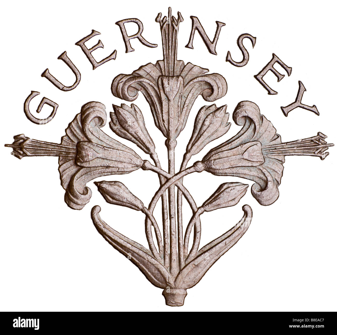 Guernsey Lily (Nerine Sarniensis) - Nationalblume von Guernsey, aus 8 Doppel-Münze von 1956 Stockfoto