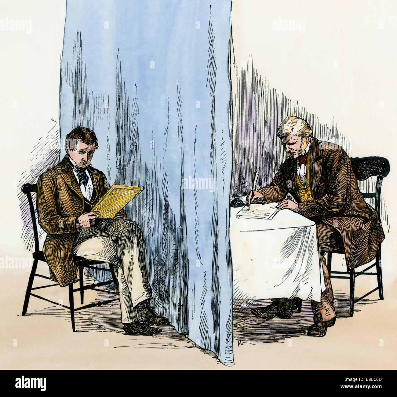 Joseph Smith die Übersetzung des Buches Mormon goldene Bibel laut Oliver Cowdery 1800. Hand - farbige Holzschnitt Stockfoto