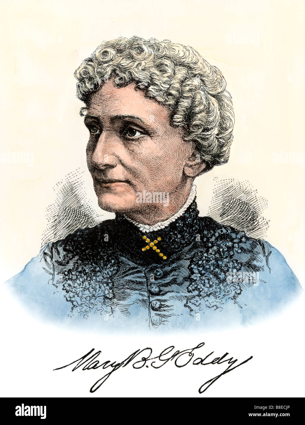 Mary Baker Eddy Gründer der Christian Science Kirche mit ihrer Unterschrift. Hand - farbige Holzschnitt Stockfoto