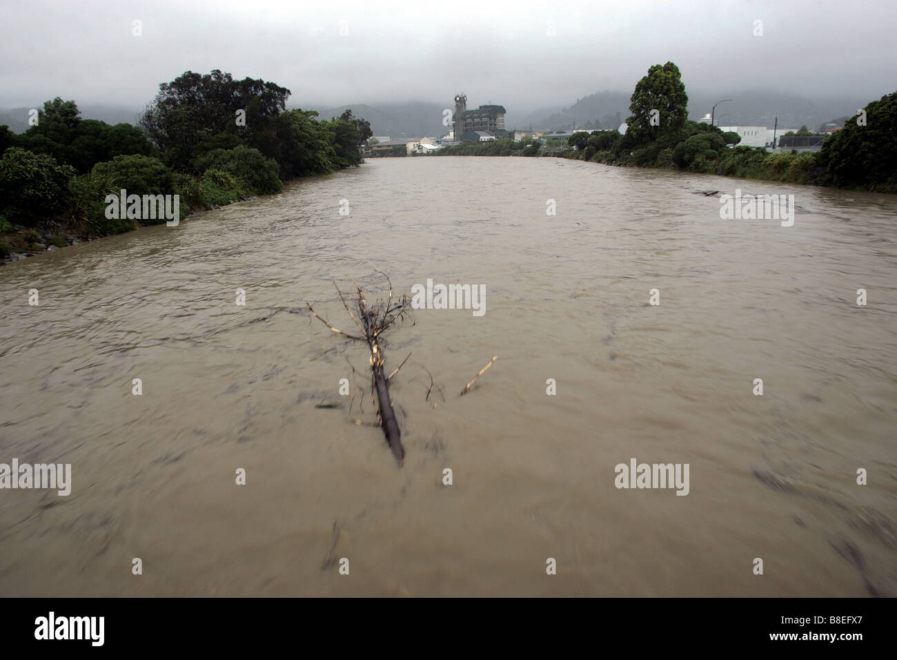 Der Fluss Maitai Nelson City in Hochwasser-Bedingungen - Alamy Ref B8EFW7 ist eine kontrastreiche Bild der gleichen Szene Stockfoto