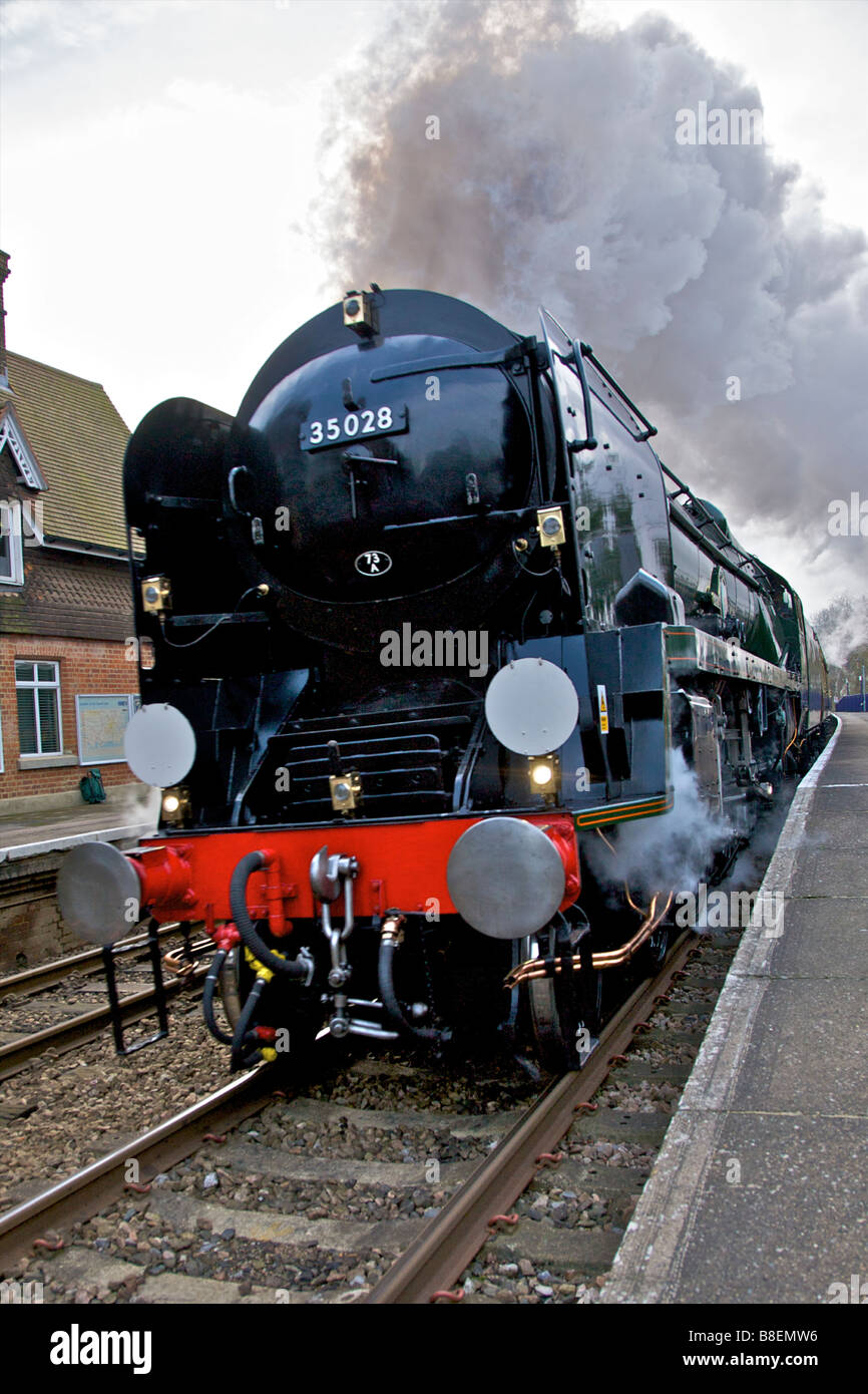 VS Orient Express Surrey Luncheon spezielle SR MN Klasse 4 6 2 Nr. 35028 Clan Line Loco mit Geschwindigkeit durch Betchworth Station geleitet Stockfoto