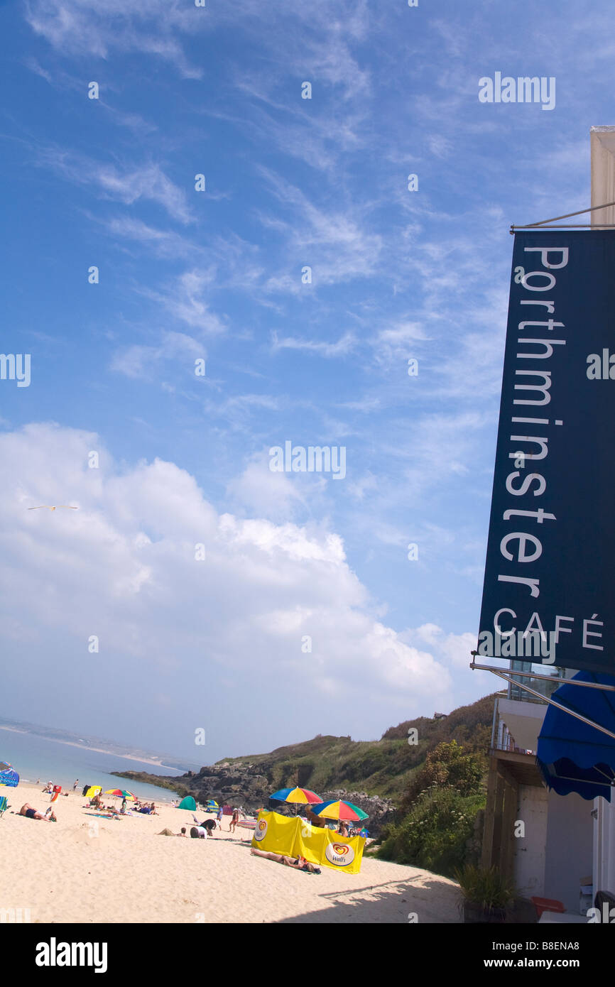 Porthminster Cafe Restaurant Zeichen Sommersonne St Ives Cornwall West Country England UK United Kingdom GB Great Britain Stockfoto