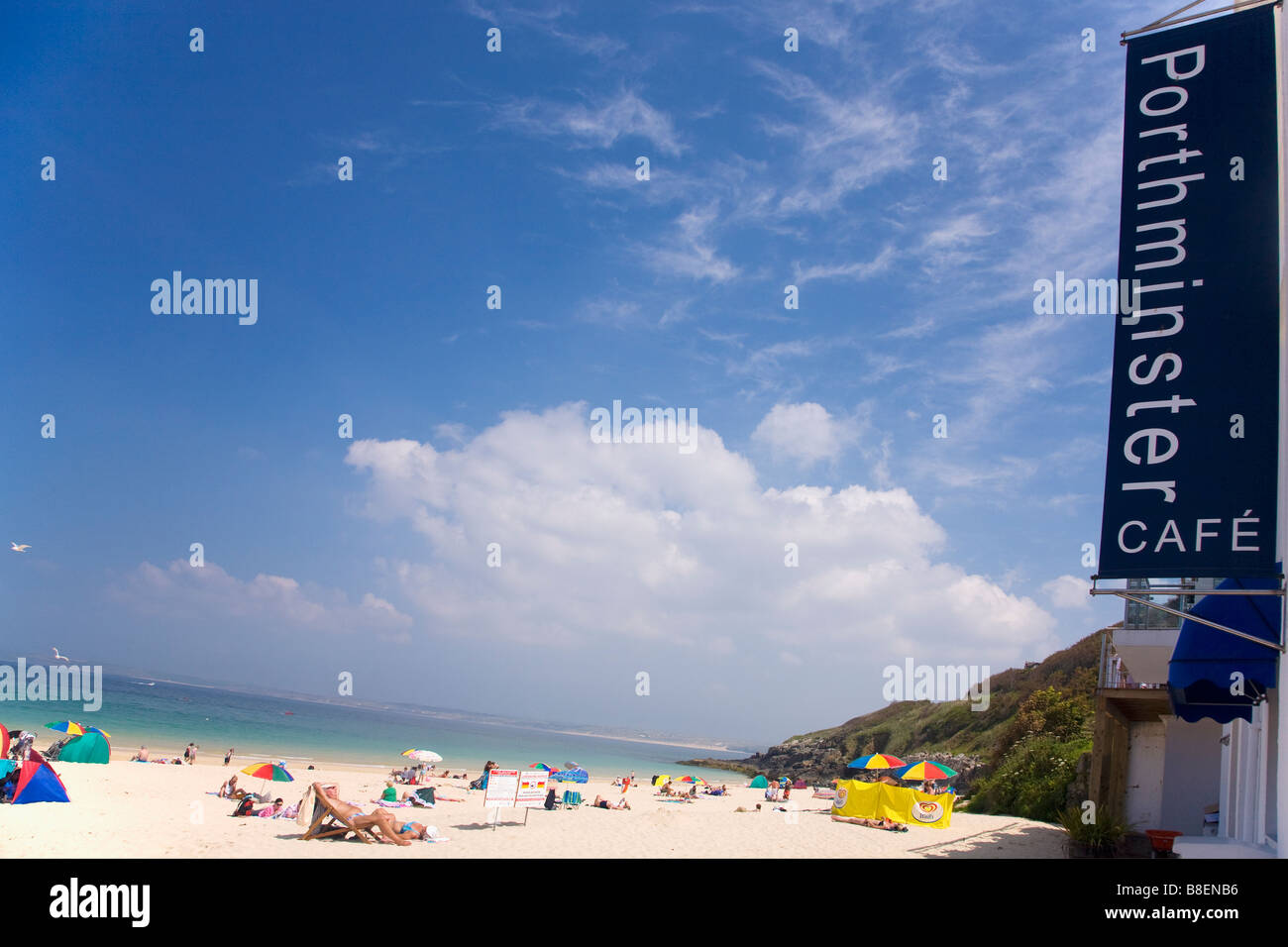 Porthminster Cafe Strand Restaurant Zeichen Sommersonne St Ives Cornwall West Country England UK United Kingdom GB Great Britain Stockfoto