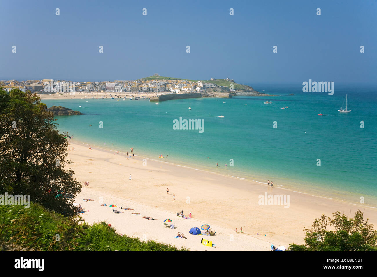 Porthminster Strand Hafen Hafen Altstadt Sommer Sonne St Ives Cornwall West Country England UK United Kingdom GB Great Britain Stockfoto