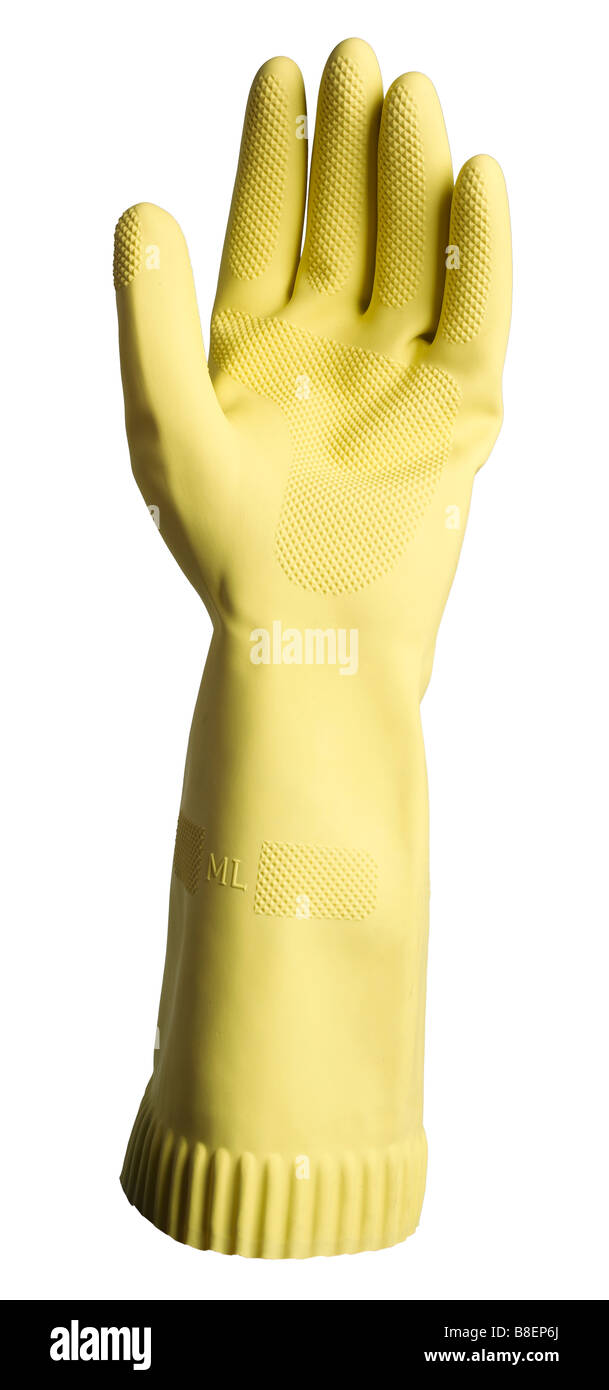 Gelbe Rubber Handschuh isolierter Handschuh Handschuh Schutz Finger Daumen hand Stockfoto