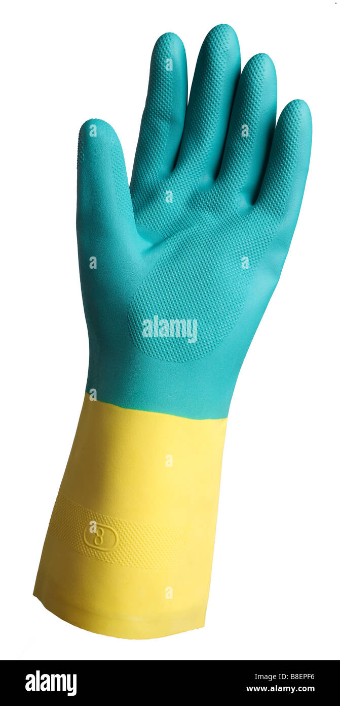 Grün gelb Rubber Glove isoliert Mitt Handschuh Schutz Finger Daumen hand Stockfoto