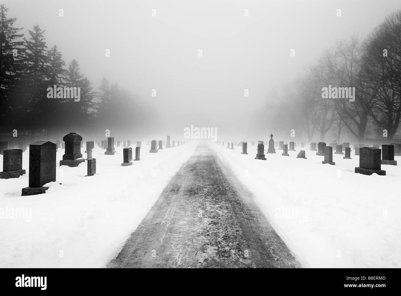 Eine Straße, die in die Ferne mitten durch einen Friedhof mit Grabsteinen auf beiden Seiten an einem nebeligen Wintertag zurückweicht. Stockfoto