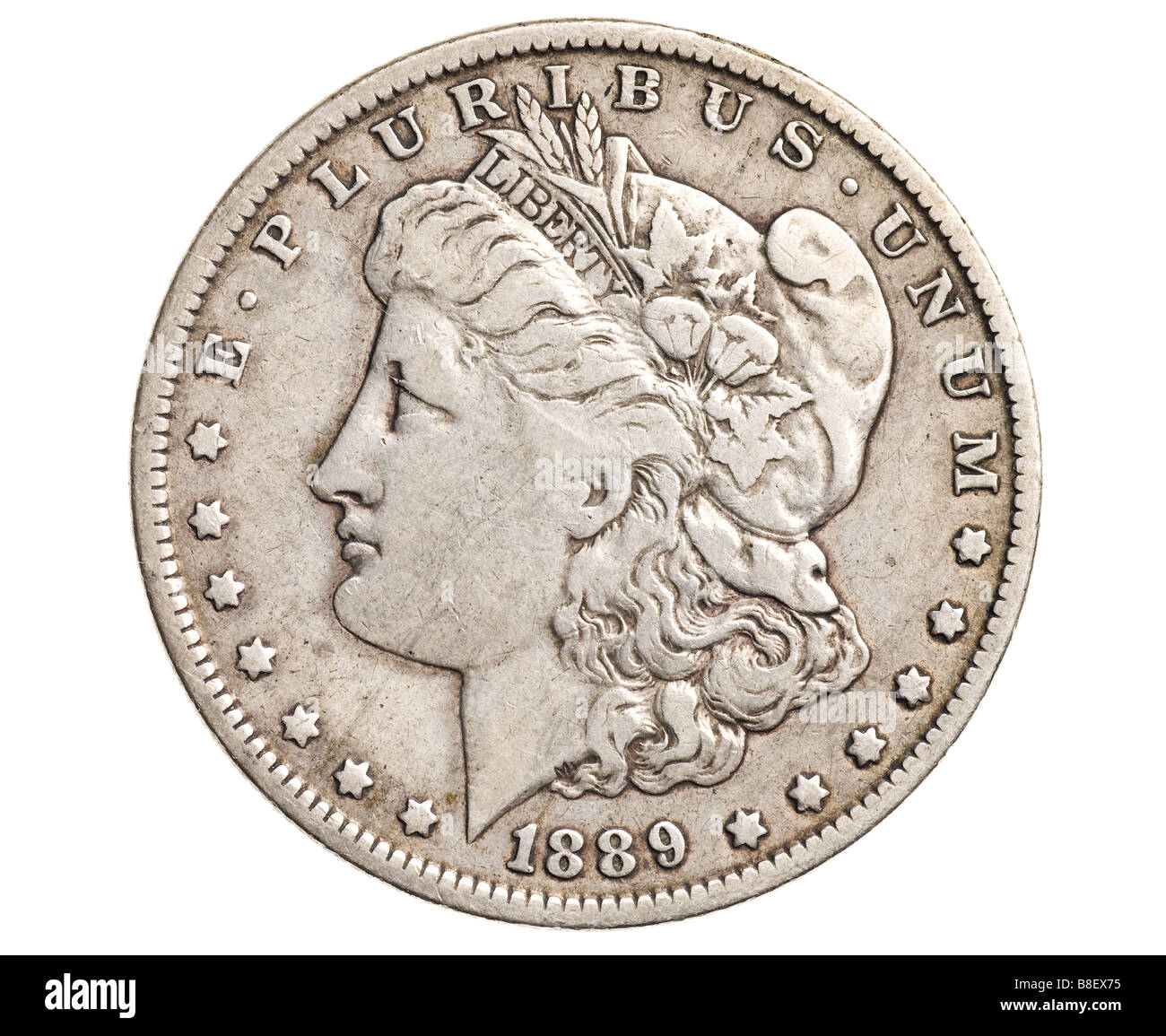Antik Silber-Dollar isoliert auf weißem Hintergrund Stockfoto