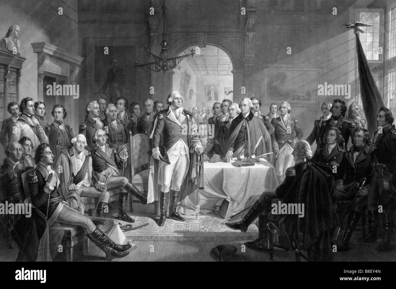 General George Washington und andere Unabhängigkeitskrieg Generäle treffen in einem großen Raum Stockfoto