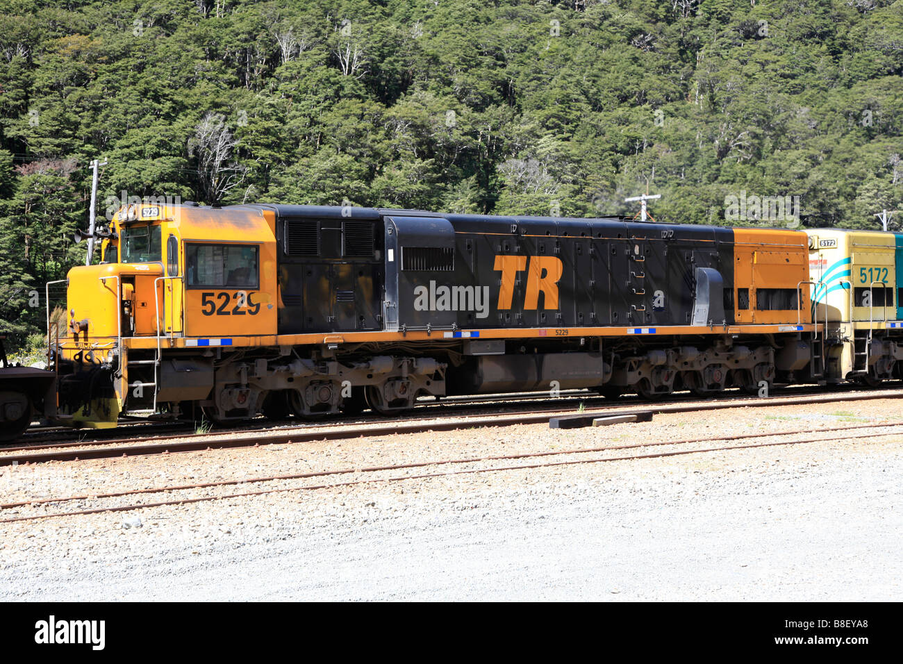 NZ-Dieselmotor Lokomotive Kohlezug, Arthurs Pass, Canterbury, Südinsel, Neuseeland Stockfoto