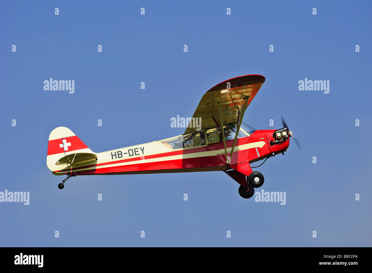 Ein Leichtflugzeug in einem klaren blauen Himmel abheben. Platz für Text in den Himmel. Stockfoto