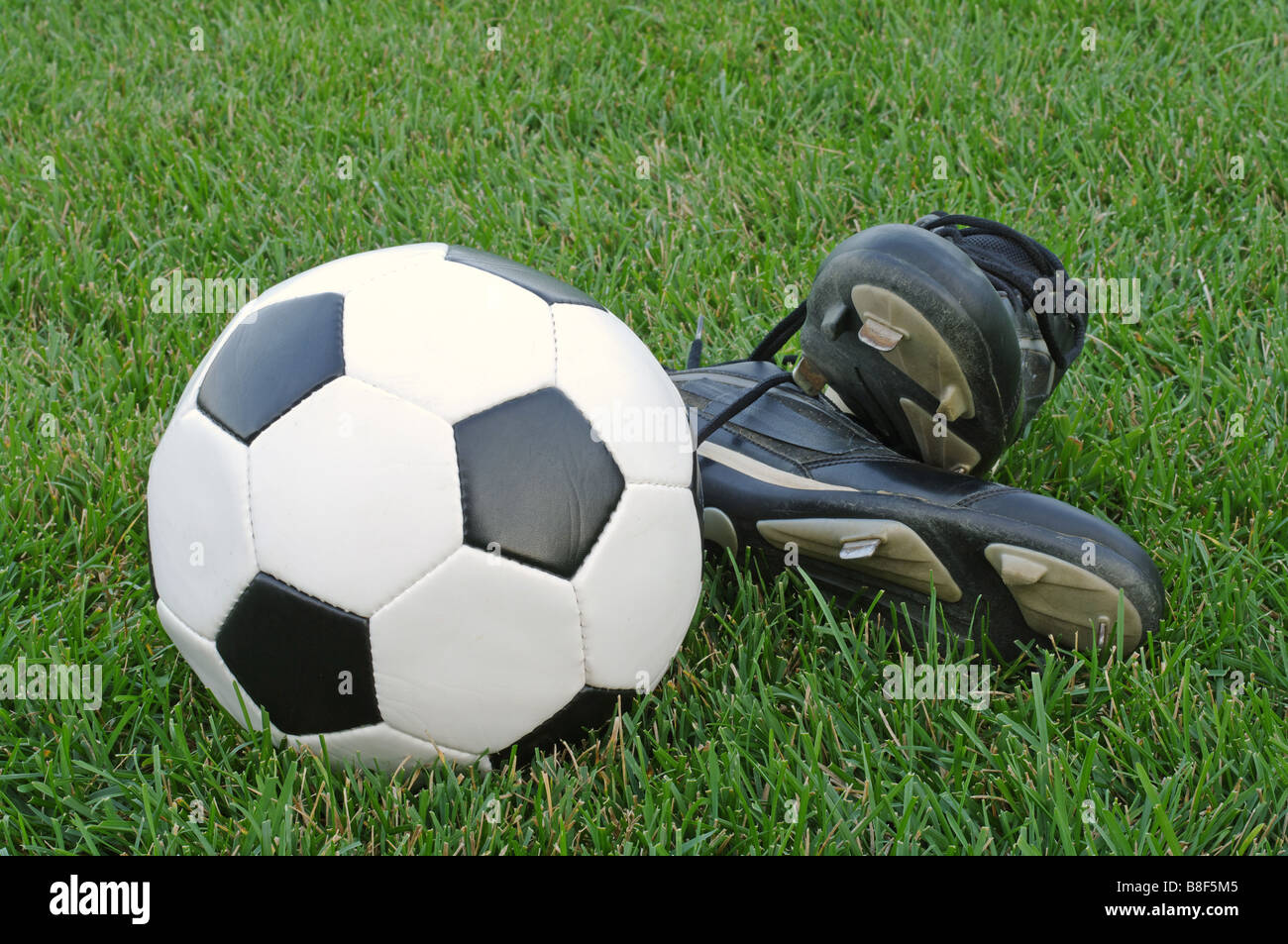 Fußball und Stollen im Rasen Stockfoto