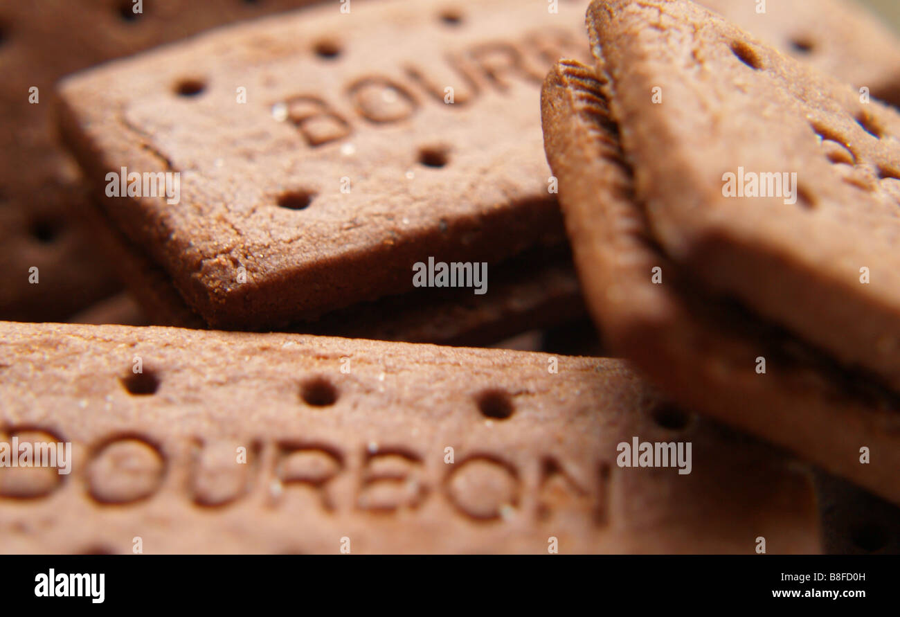 Nahaufnahme von mehreren Bourbon-Kekse. Stockfoto