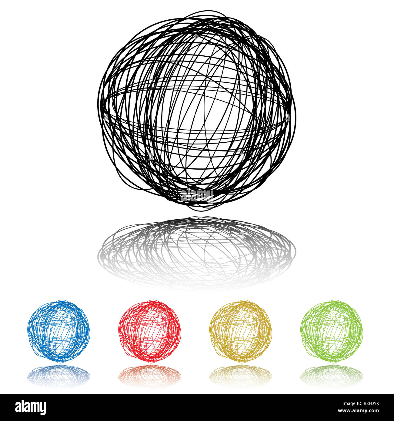 Scribble-Ball mit fünf Farbvarianten und Schlagschatten Stockfoto