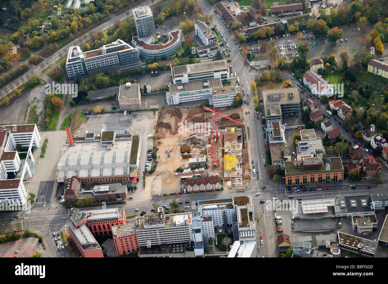 Luftaufnahme der große Baustelle (Neubauten für die Krankenhäuser Olgahospital und Frauenklinik), Stuttgart, Deutschland Stockfoto