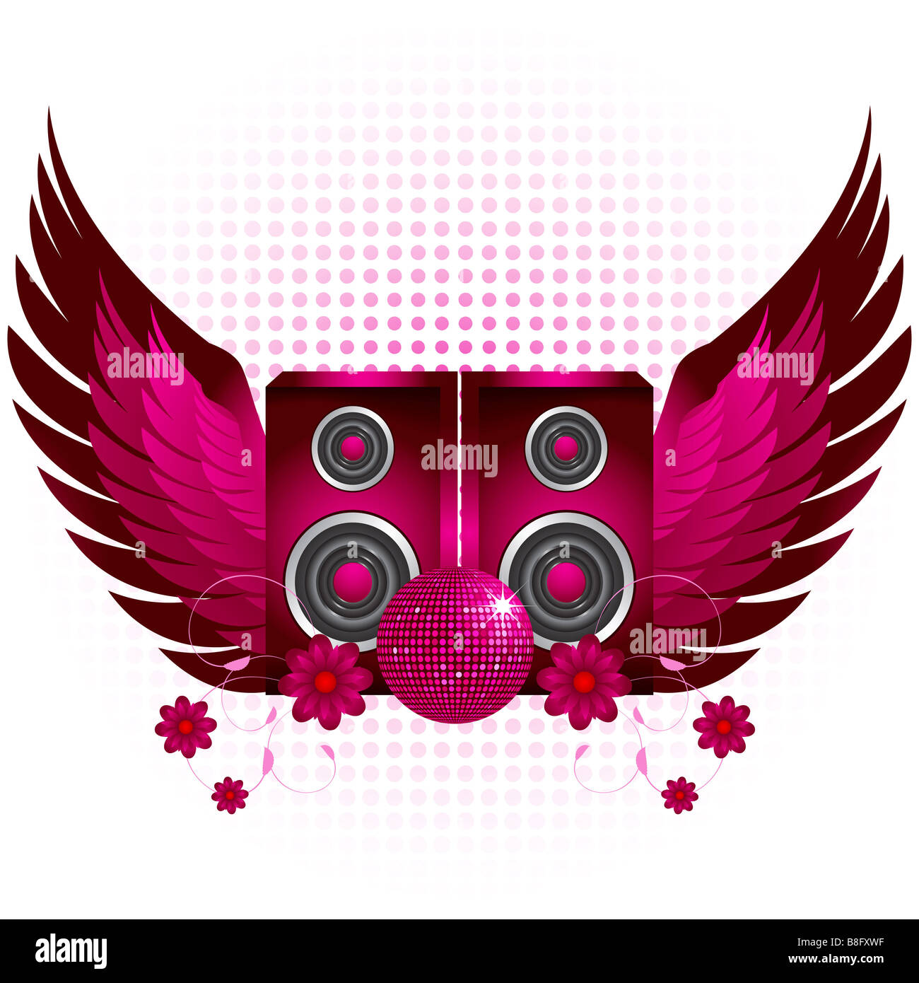 Rosa Lautsprecher und Flügel mit Disco-Kugel-Blumen und Halbton-Muster Stockfoto