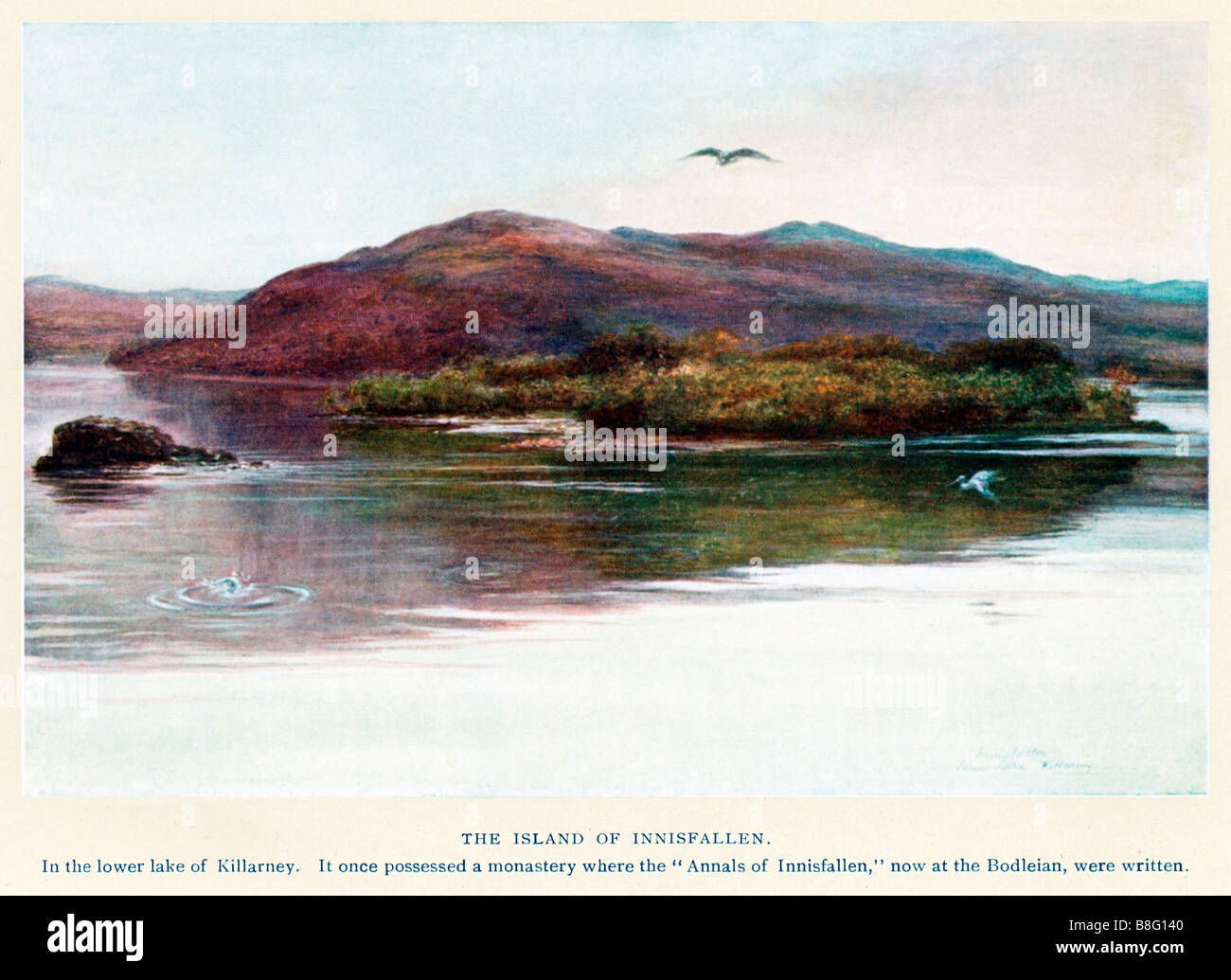 Insel der Innisfallen Killarney 1910 Malerei der Insel in den Untersee, wo die Annalen Innisfallen geschrieben wurden Stockfoto