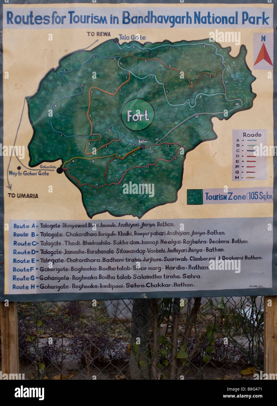 Reserve Karte - Schild am Eingang zum Tiger Reserve in Bandhavgarh National Park, Madhya Pradesh, Indien Stockfoto