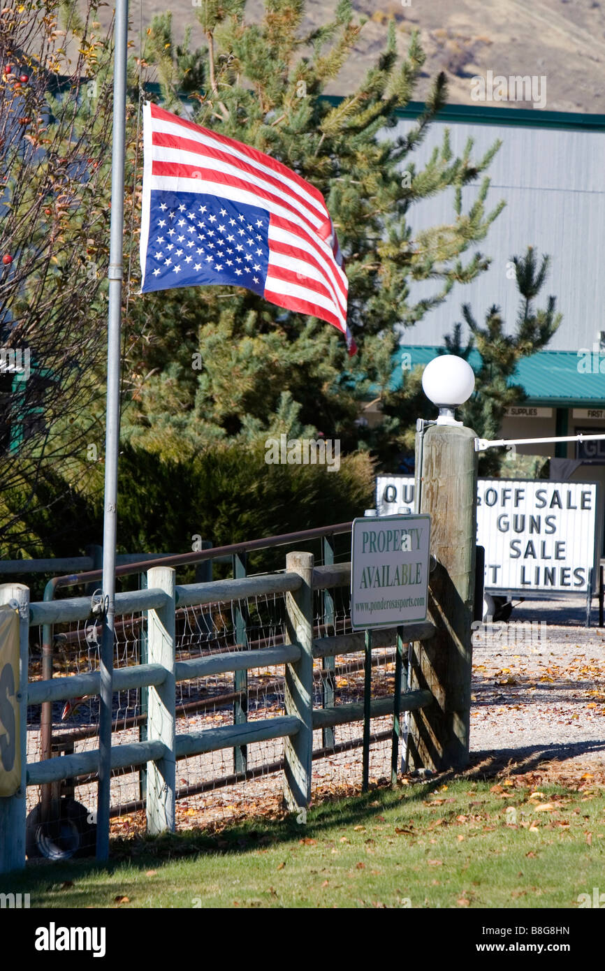 Amerikanische Flagge auf dem Kopf stehend als einen politischen Protest in Valley County Idaho USA Stockfoto