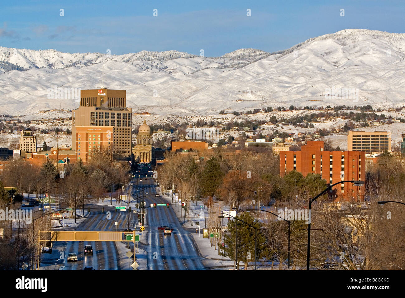 Schneebedeckten Ausläufer und Downtown Boise Idaho USA Stockfoto