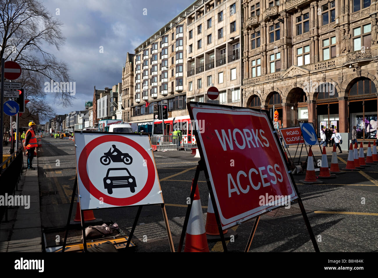 Straßenbahn arbeitet Baustellen, Princes Street, Edinburgh, Schottland, UK, Europe Stockfoto