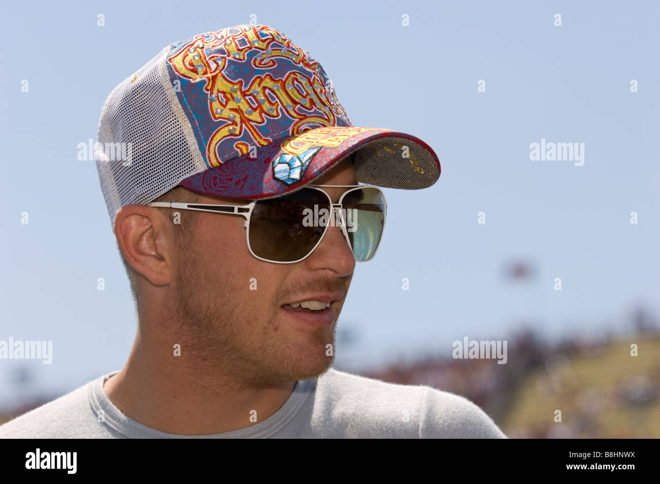 NASCAR-Rennfahrer und ehemalige Formel1-Pilot Scott Speed auf dem Michigan International Speedway, 2008. Stockfoto