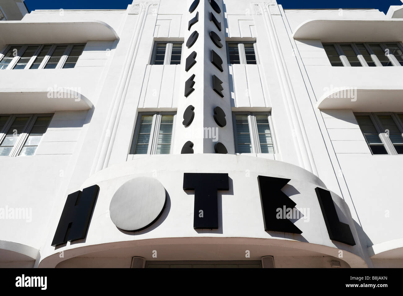 Die Fassade des Art Deco Hotel Congress am Ocean Drive, South Beach in Miami Beach, Gold Coast, Florida, USA Stockfoto