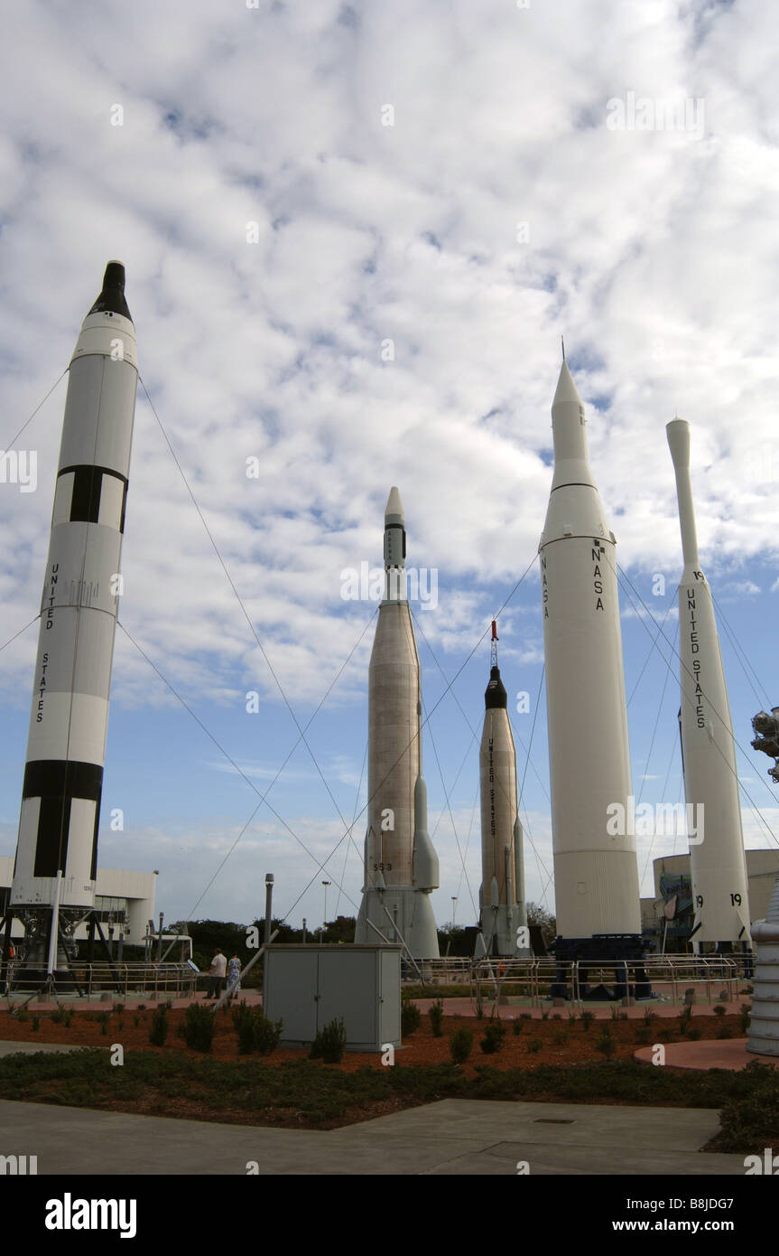 Raketen stehen stramm im John F Kennedy Space Center in Orlando, Florida Stockfoto