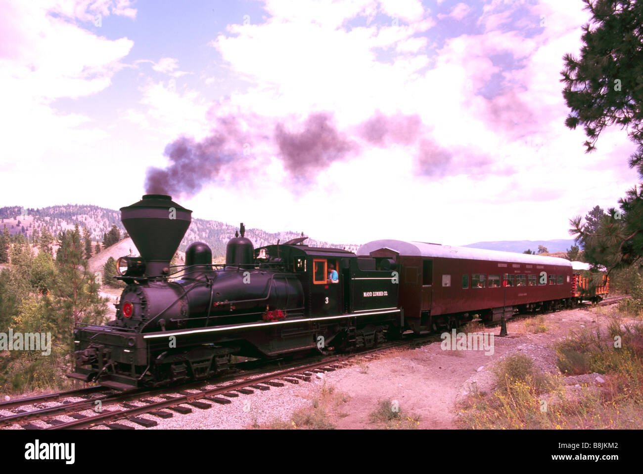 Eine restaurierte 1924 Shay-Dampflok auf der historischen "Kettle Valley" Eisenbahn im Okanagan Valley in British Columbia Kanada Stockfoto