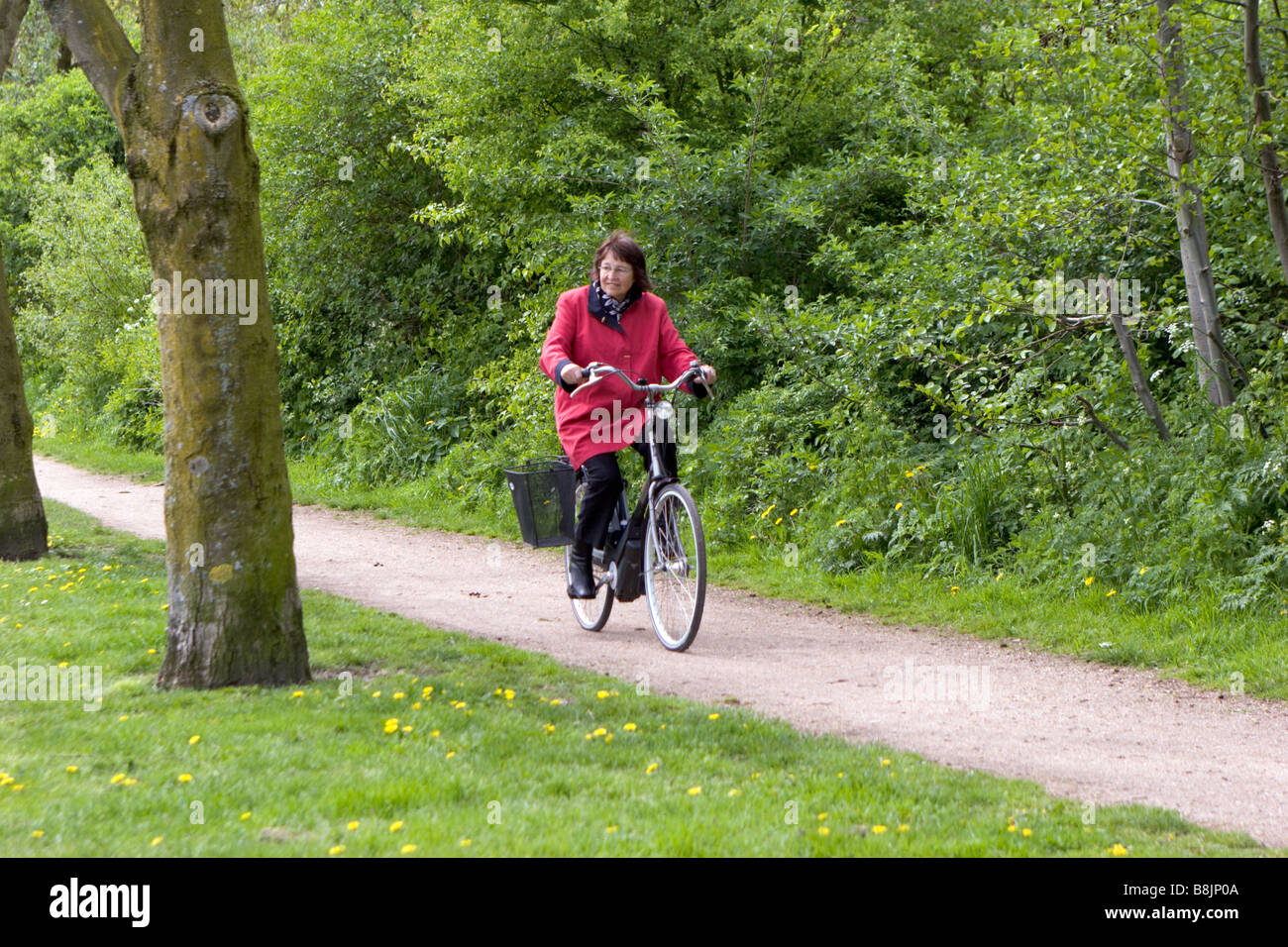 Ältere Frau Radfahren auf e-Bike im park Stockfoto