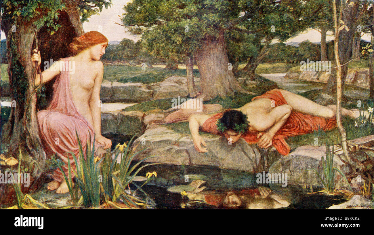 Echo und Narcissus, nach dem Gemälde von J. W. Waterhouse Stockfoto