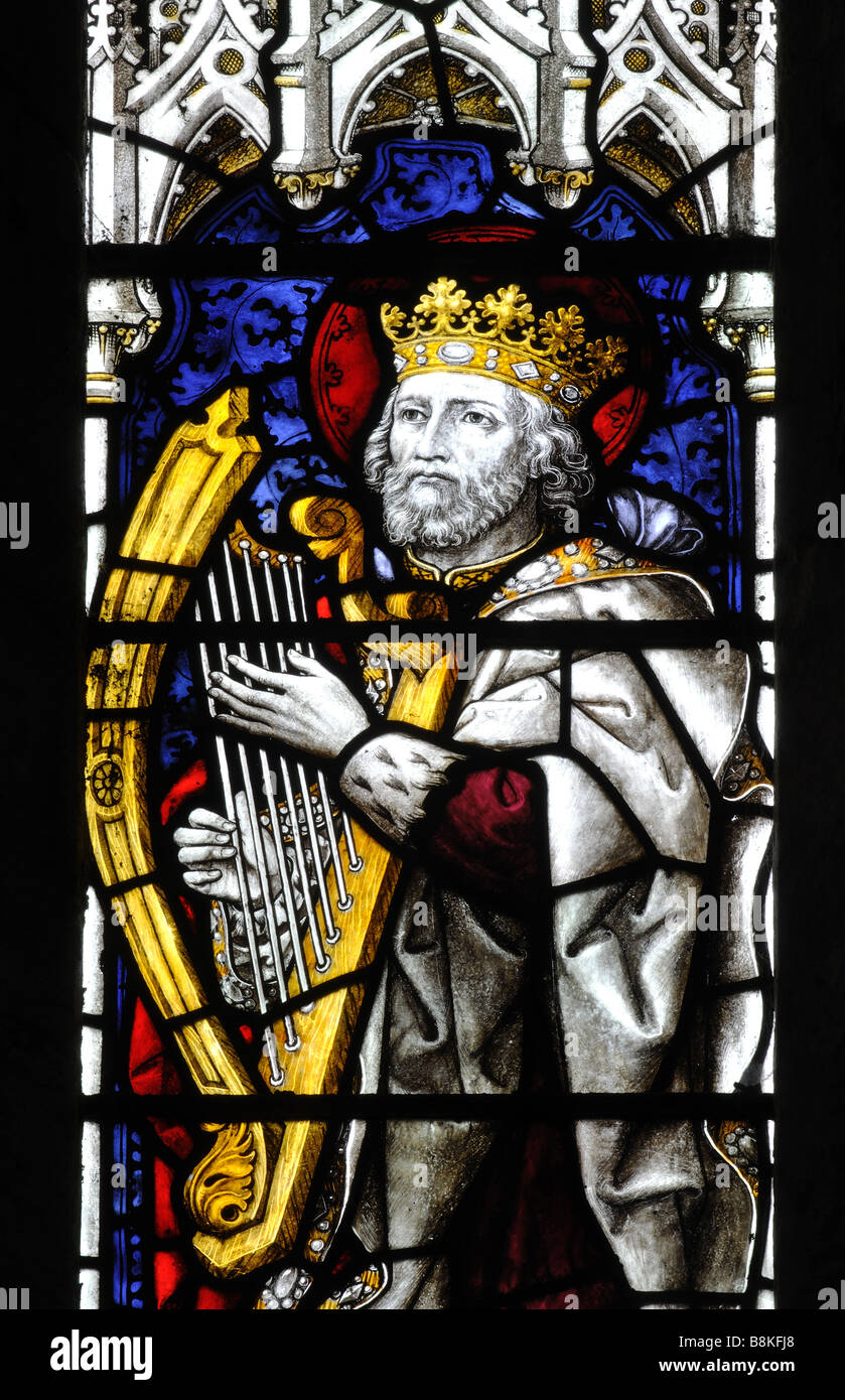 König David dargestellt in Glasmalerei, St. Michael und alle Engel Kirche, Winwick, Northamptonshire, England, UK Stockfoto