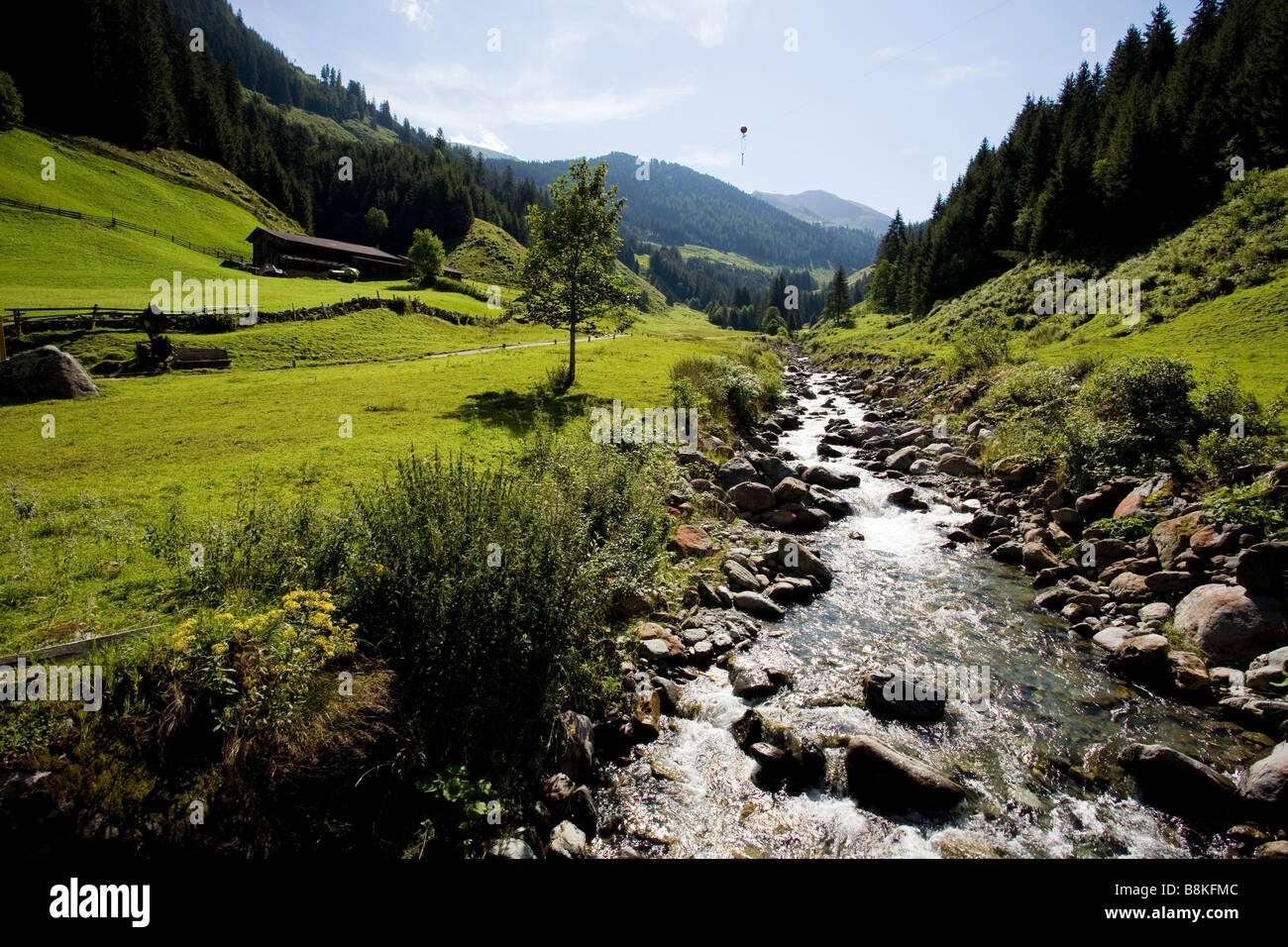 Ein Bachlauf im Bergbau und Wanderung in den Bergen auf der Alm Steinbergalm auf 1712 m Stockfoto