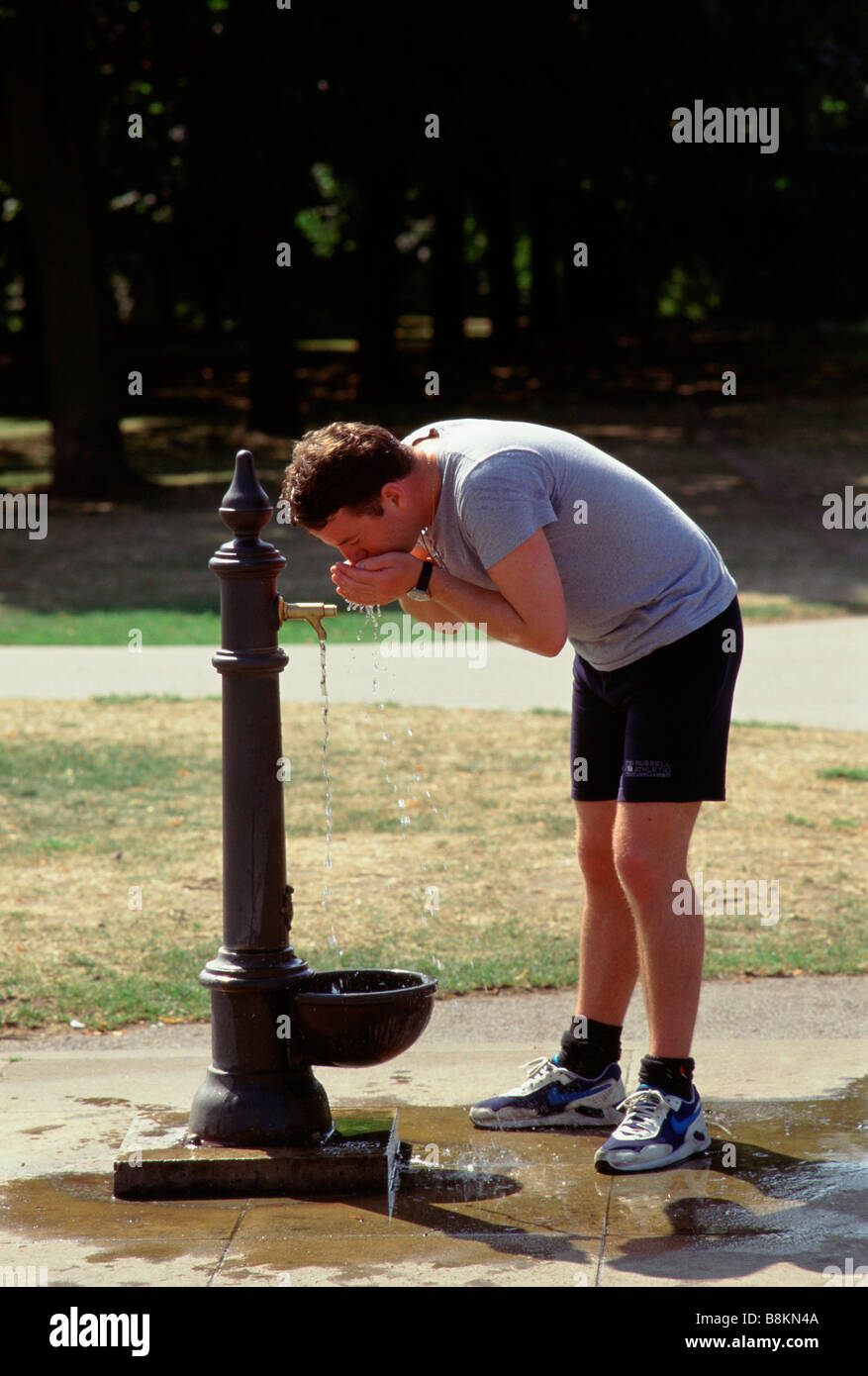 Ein Läufer nimmt einen Schluck Wasser aus einem öffentlichen Brunnen, Kensington Gardens, London, England Stockfoto