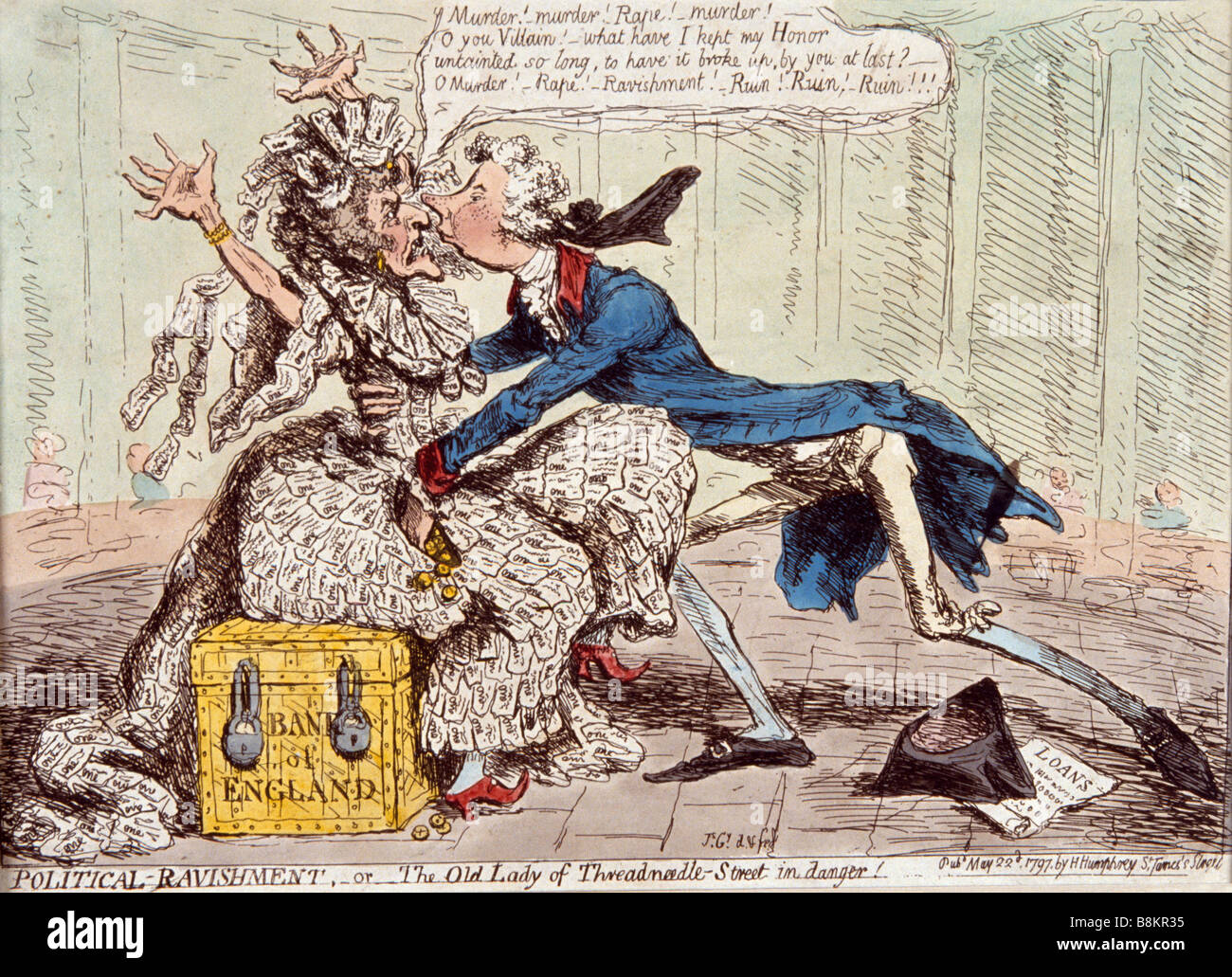 Kupferstich von James Gillray der alten Dame von Threadneedle Street im Jahr 1797 veröffentlicht, es war eine Satire auf die Währungskrise Stockfoto
