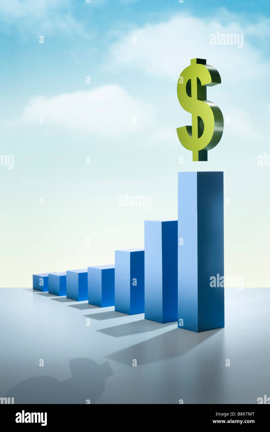 In Handarbeit handbemalt Holz Dollarzeichen und Balkendiagramm zeigt einen Aufwärtstrend Stockfoto
