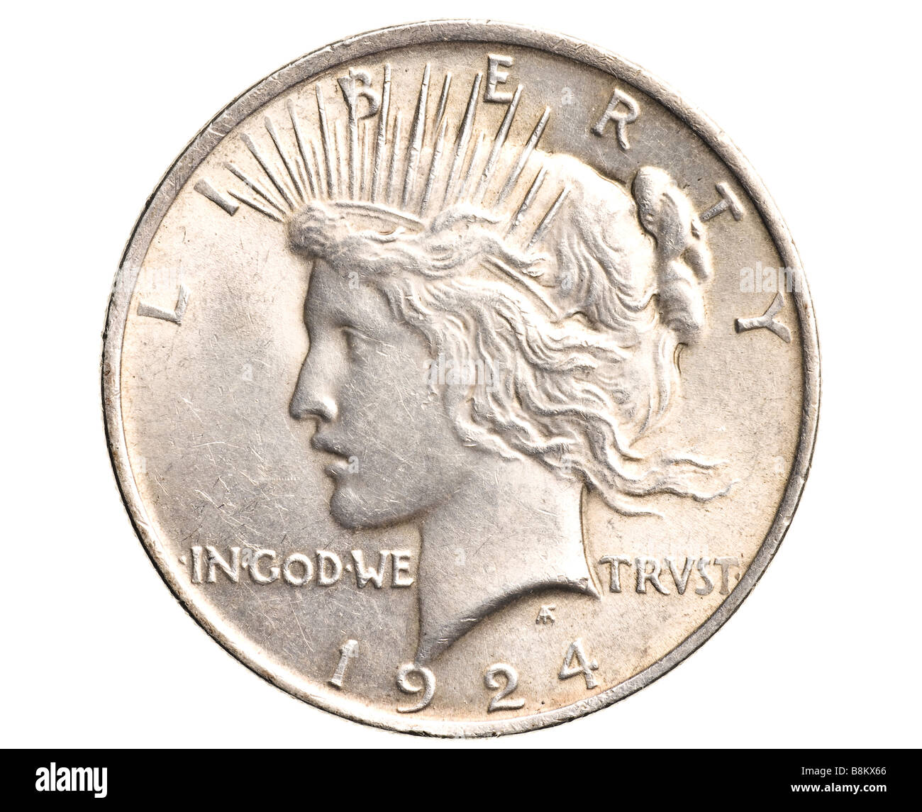 Antik Silber-Dollar isoliert auf weißem Hintergrund Stockfoto
