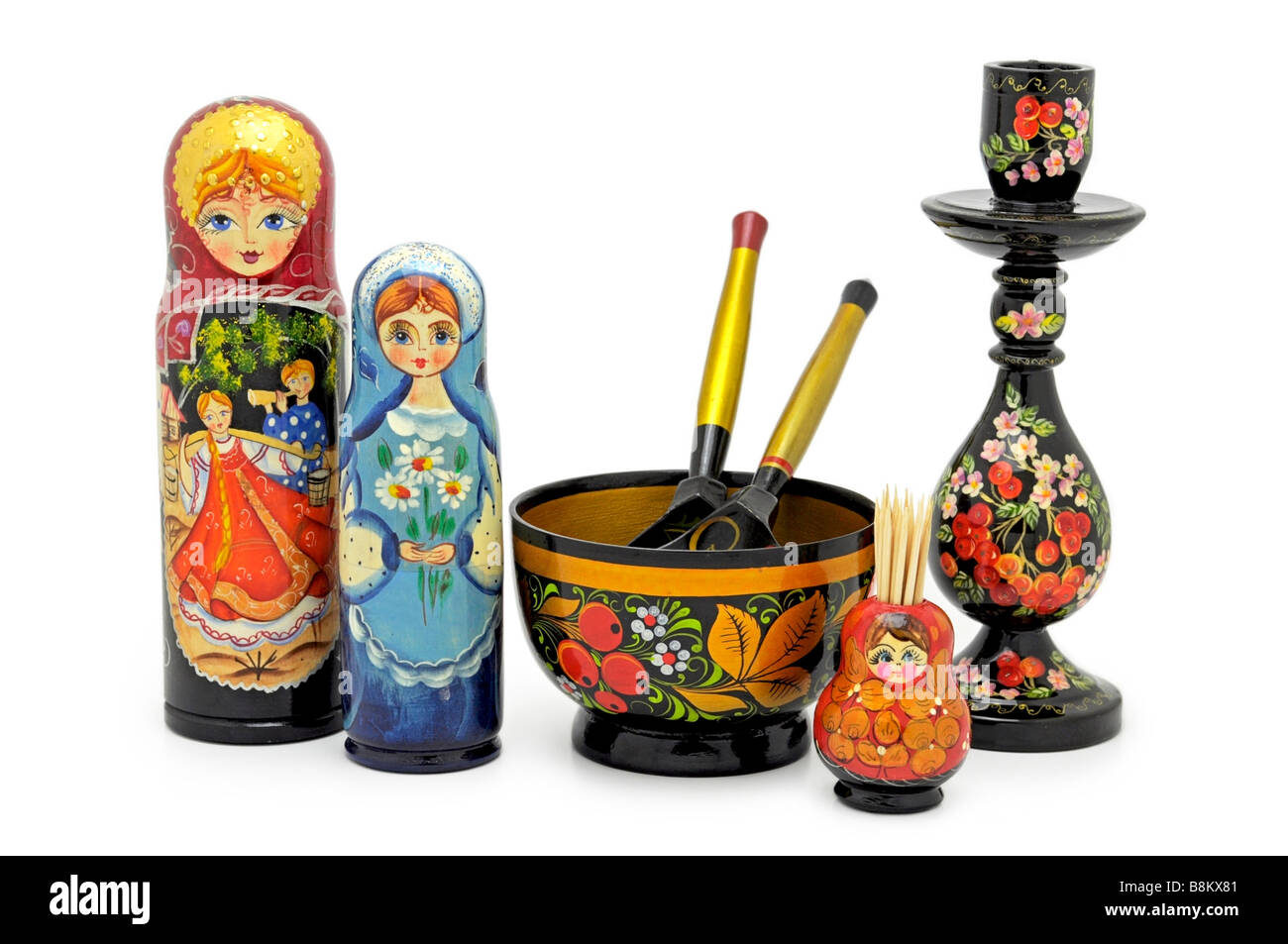 Russische Souvenirs, Kunsthandwerk. Zwei Mantryona Puppen, Variation der Matroschka. Stockfoto