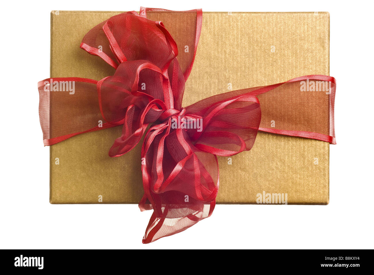 Gold Geschenk mit roter Schleife isoliert auf weißem Hintergrund Stockfoto